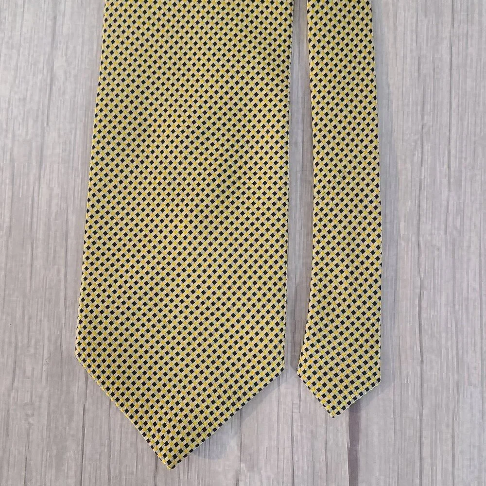 Ermenegildo Zegna Silk Necktie Yellow Navy Blue Tile Print Italy